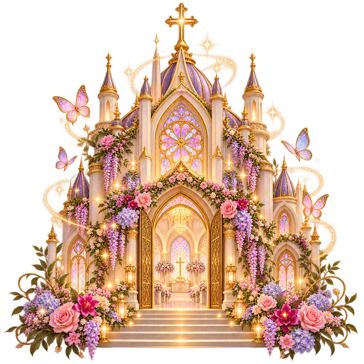 Ilustración de una iglesia adornada con flores y mariposas