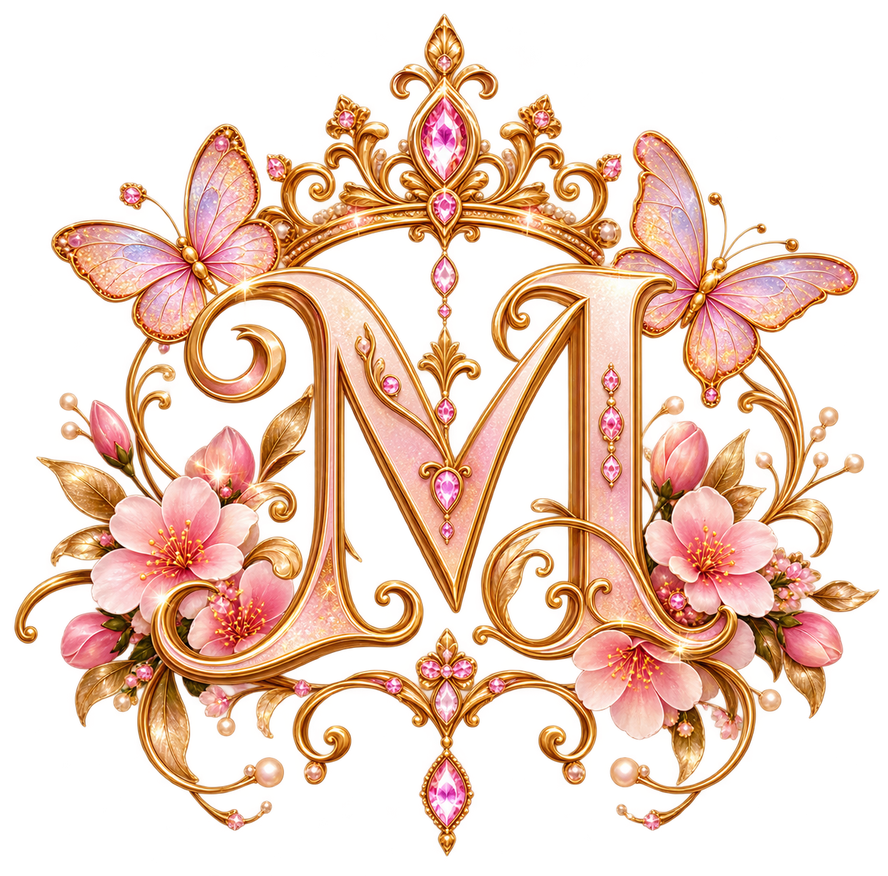 Monograma M con corona y mariposas